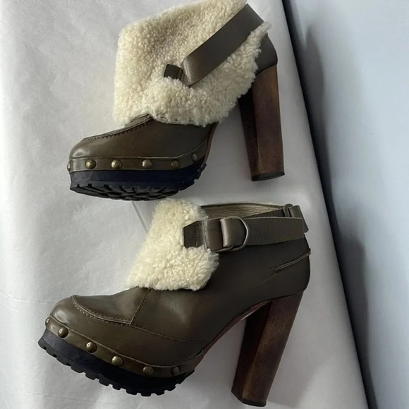 TOPSHOP Unique Sherling Cuff Leather Booties Olive Green Platform Boho Size 8.5 - Picture 9 of 15